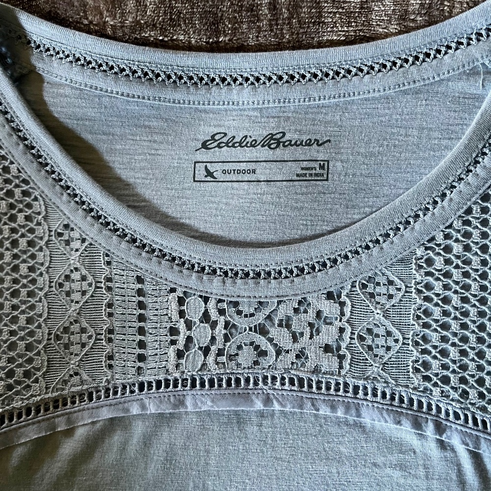 Eddie Bauer Dusty Light Blue T-Shirt w/ Lace Trim   NWOT